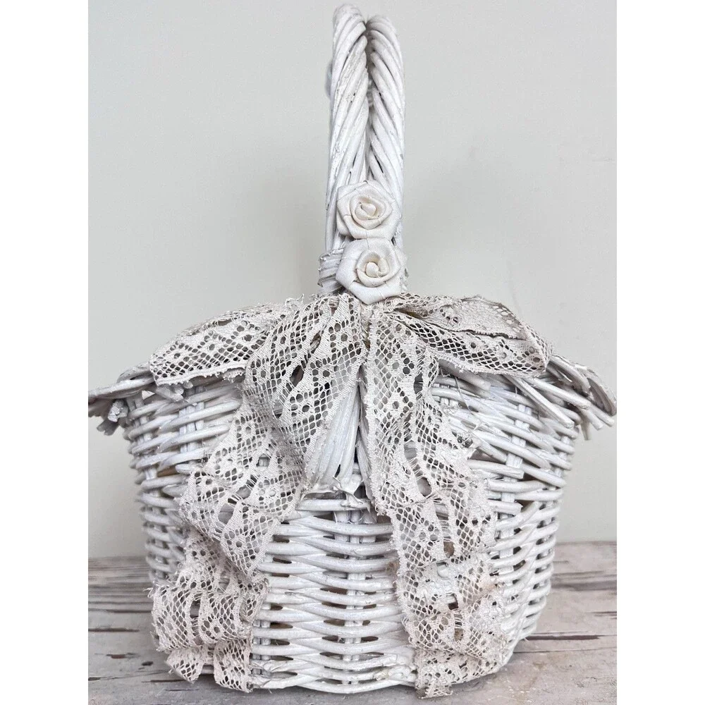 Vintage Shabby White Wicker Rosette Accent Lace Bowed Wicker Cottage Basket 13”